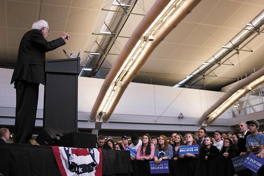 Senator Bernie Sanders (I-Vt.), a democratic candidate for president, speaks to a crowd of 8,500 during the “A Future We Can Believe In” rally at the David L. Lawrence Convention Center on Thursday, March 31, 2016.  
