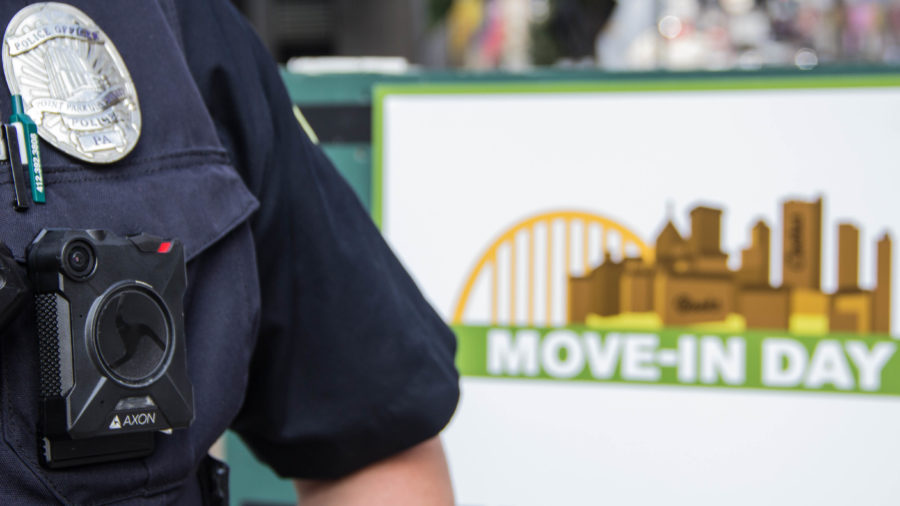 Point Park police officers assisted with freshmen move in day on Thursday, Aug. 25. They also talked to parents about body cameras they began wearing Aug. 1.