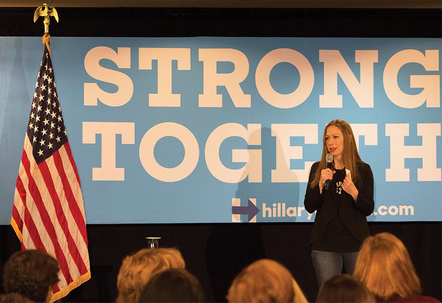 Chelsea Clinton speaks to a crowd of about 200 people at a Women for Hillary campaign event at the Rivers Club in Downtown Pittsburgh Friday.