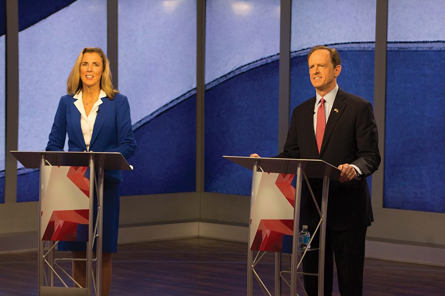 Senate candidates Katie McGinty (D) and Sen. Pat Toomey (R- Pa.) prepare for the first of two televised debates. The first debate took place Monday at KDKA-TV in One Gateway Center.