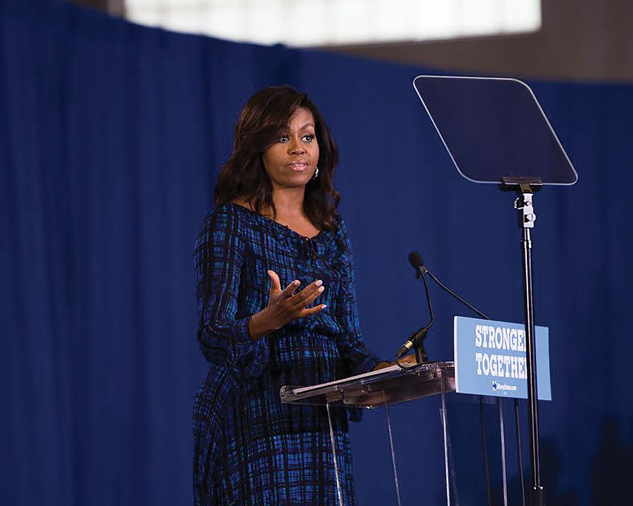 Michelle Obama speaks about the importance of voter turnout at the Fitzgerald Field House at the University of Pittsburgh, Wednesday October 28.
