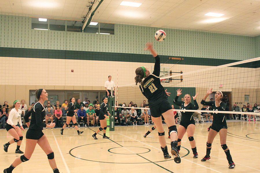Senior middle hitter, Nikki Inquartano, jumping of the ball and scoring for the Pioneers on September 27. Point Park won, 3-1.
