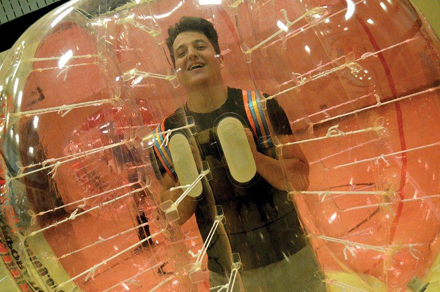 Tanner Knapp, Freshman, an animation and visual effects major, prepares for bubble soccer on Monday night. The event was organized by the Campus Activities Board (CAB). 

Bubble soccer is an annual event put on by CAB that pits teams of students against each other for a game of soccer.

Also upcoming from CAB this month is the Halloween dance, where students dress up for a night of dancing and music, and also vote on which costume they think is the best and most creative.