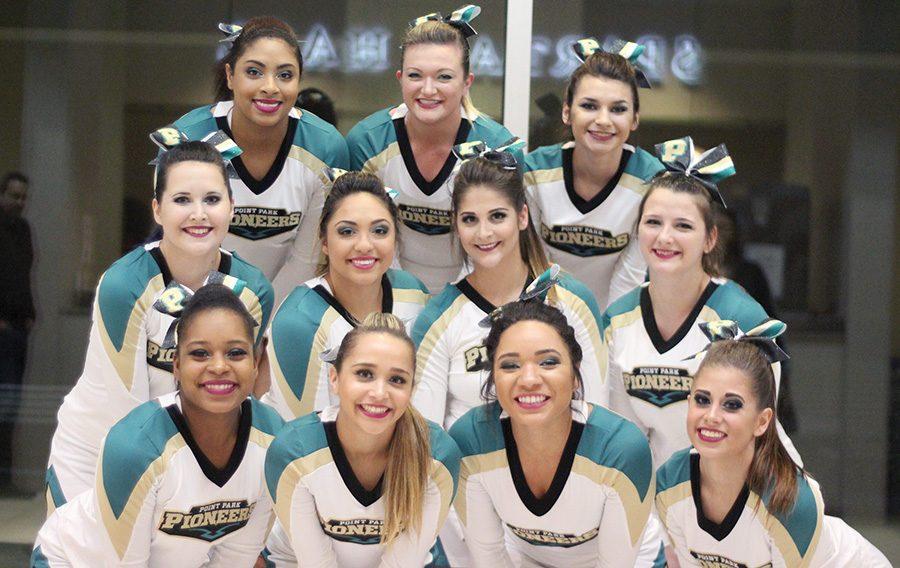 The Point Park University Competitive cheer team poses for a photo at its first-ever competition Friday, Jan. 20 at the Spartan Showcase hosted by Missouri Baptist University in St. Louis, Mo. 