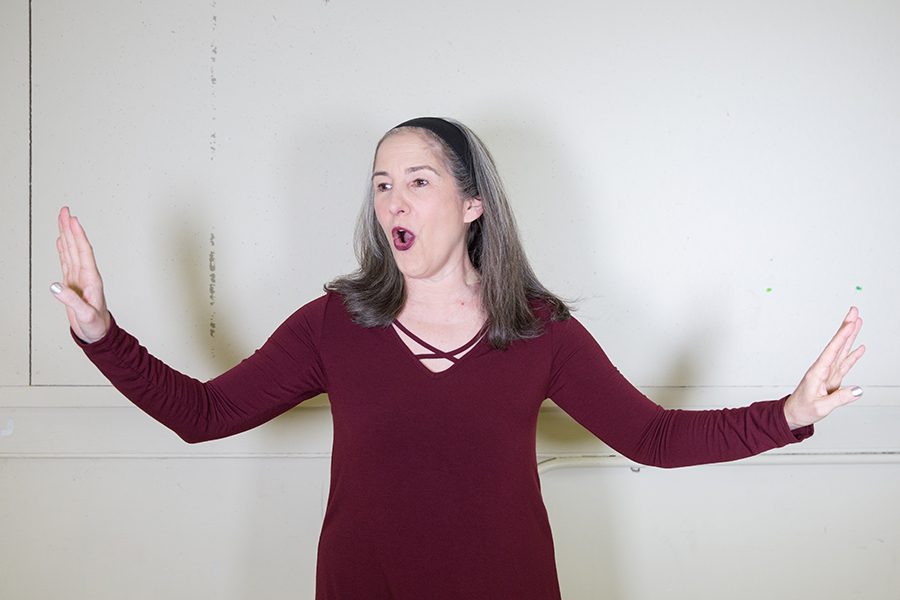 Ann Talman, doubling as the playwright and lead role for “Woody’s Order!”, delivers a monologue from the show. The show runs Feb. 3-19 at the Pittsburgh Playhouse’s Studio Theatre.