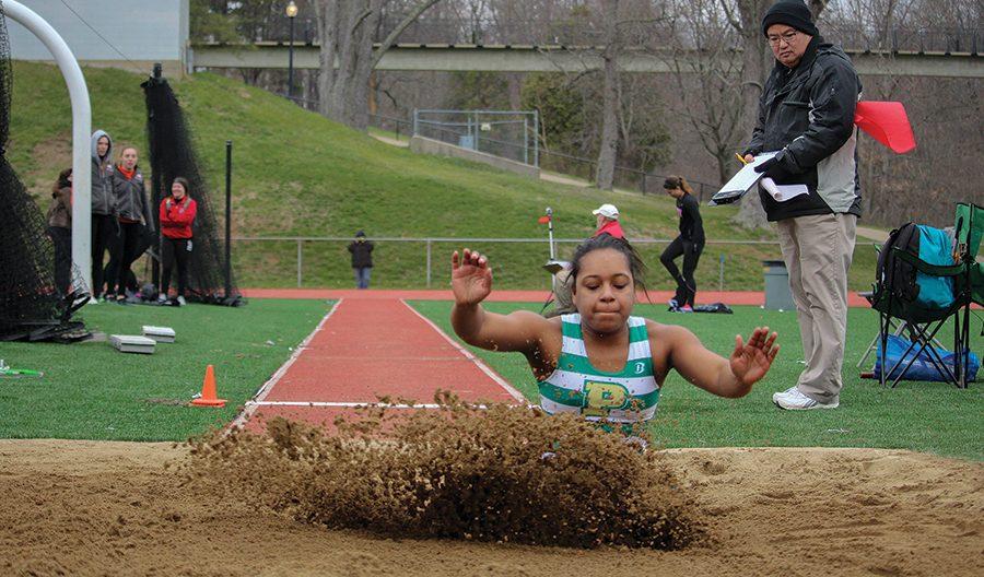 Junior Darian Leighty competes in the long jump at the Muskie Duals on Saturday. Leighty finished  eighth overall in the event. She placed fourth overall in the triple jump later that day. 