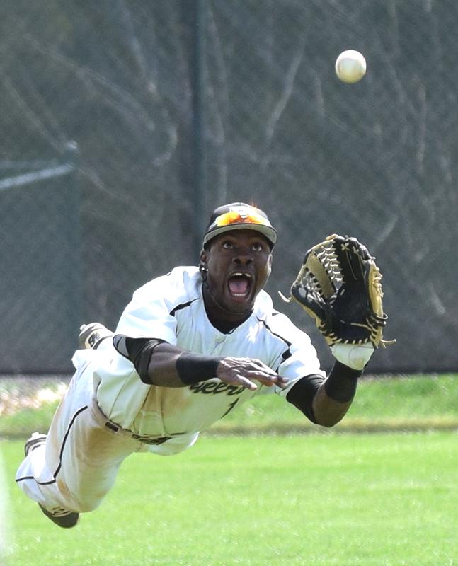 Demetius Moorer dives for a catch in center field last year against West Virginia Tech. The 2015 NAIA Gold Glove recipient is preparing to play with the San Rafael Pacifics of the Pacific Association.