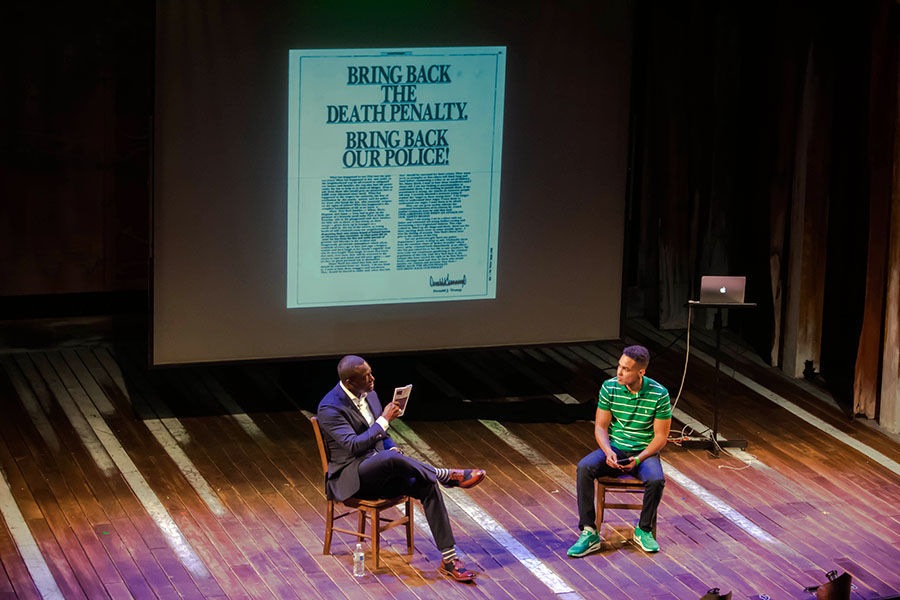 Yusef Salaam, left, and Jasiri X speak on race, hatred and fighting back in America at the Pittsburgh Playhouse for the Talk Back Series Sept. 19.  