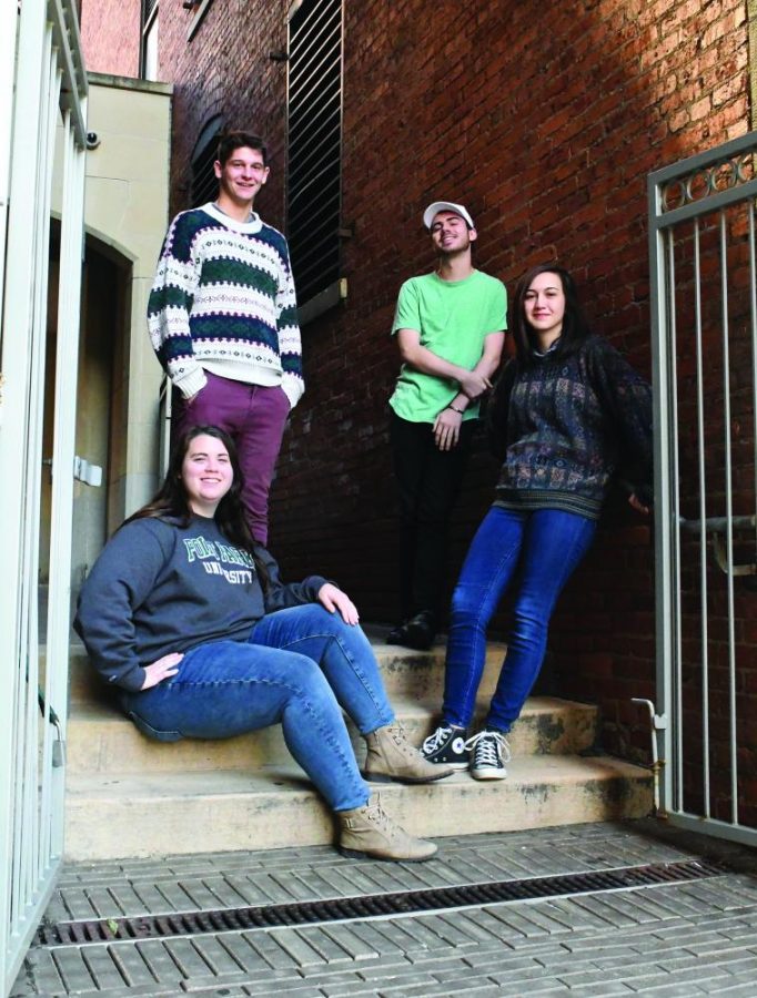 (Back to front: Left to right:) Nick Koehler, Daniel Kelly, Sydney Patton, and Annie Brewer are all part of the Point Park social media team under Felicia McKinney.