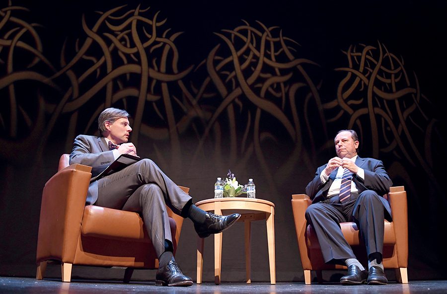 Chris Ruddy, also known as the “Trump Whisperer,” talks in a Q&A session with Andrew Conte, 
Director of the CMI, at the Pittsburgh Playhouse Wednesday as part of Point Park’s Talk Back Series.