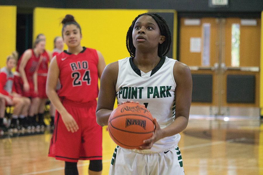 Senior guard Shaniya Rivers prepares for a foul shot attempt against the Rio Grande RedStorm last season. Rivers played in 28 games for the Pioneers during the 2016-2017 season and scored 81 points.