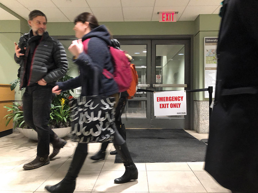 The Boulevard of the Allies entrance of Academic Hall is now used as an emergency exit only after new security changes.