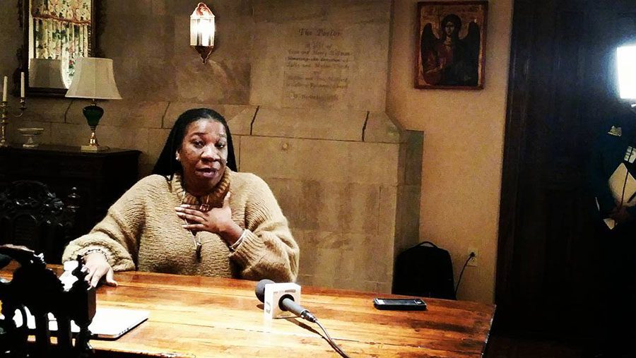 Founder of the “Me Too” Movement Tarana Burke speaking to reporters at the Calvary Episcopal Church Feb.6. Burke addressed the important role media played in the movement’s progression.