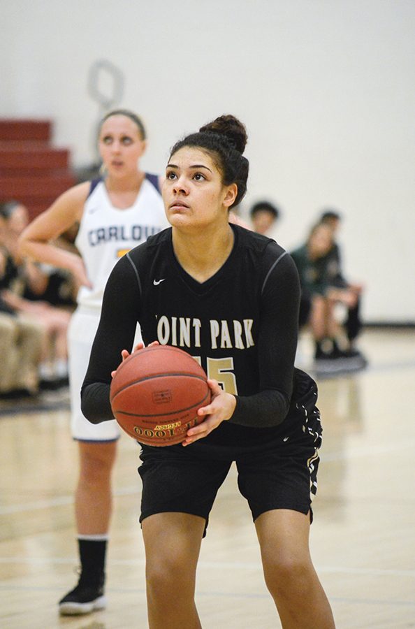 Senior forward Baylee Buleca shoots a layup last week at Carlow. She is second on the team with 7.2 rebounds per game entering the playoffs.