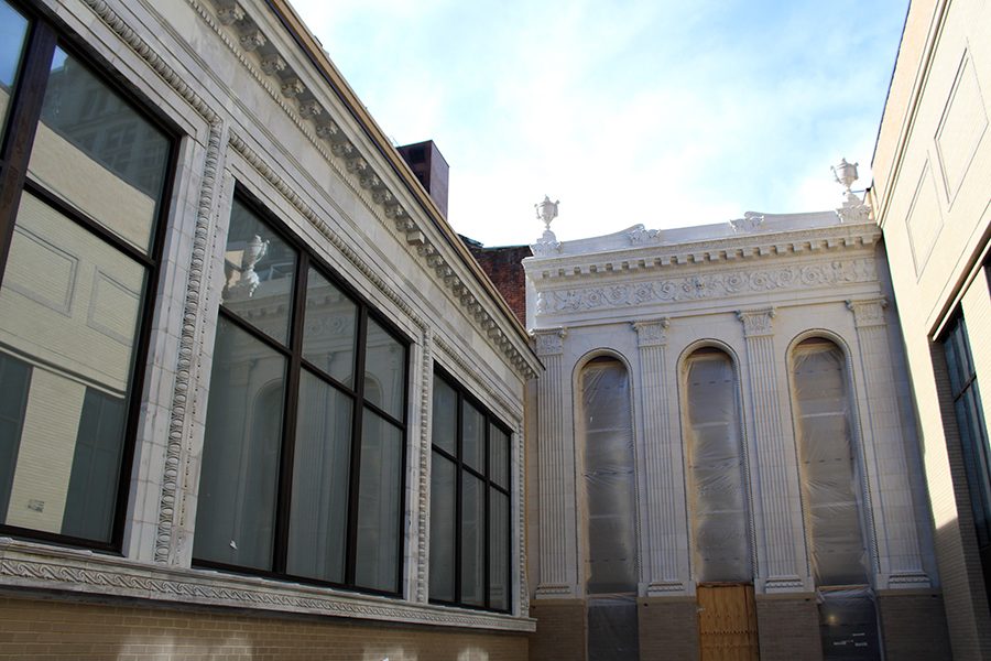 The new Pittsburgh Playhouse features three original historic facades from the old Forbes Avenue corridor. These facades, identified by the names Palace, Goettman and Royal, were unveiled Monday.