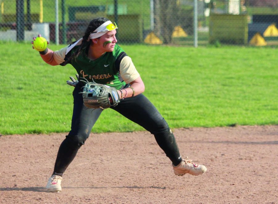 Senior infielder Lily Pruneda dives for the ball during the first game against Carlow on Saturday. Pruneda appeared at bat four times during the double header and registered two sacrifice hits. Point Park is 1-1 in RSC play.