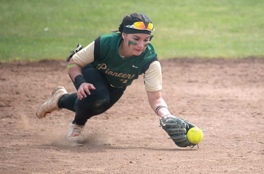 Senior infielder Lily Pruneda dives for the ball during the first against Carlow on Saturday. Pruneda appeared at bat four times during the double header and registered two sacrifice hits. Point Park is 1-1 in RSC play.