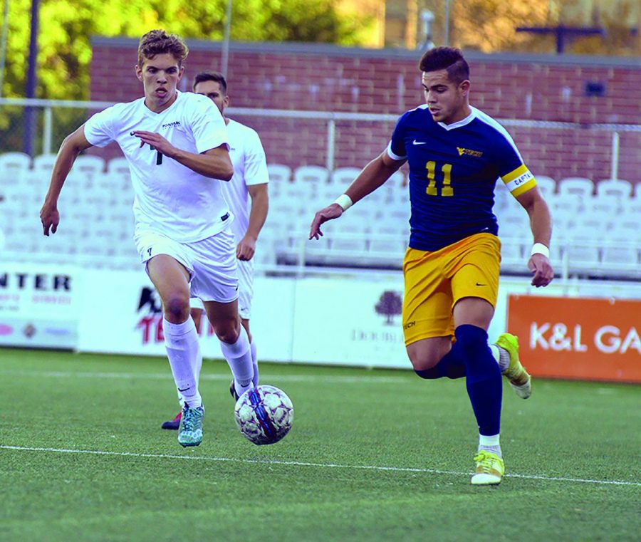 Junior Wessel Rietveld steals the ball from West Virginia Tech during a 2017 matchup. Rietveld suffered a shoulder injury in the season opener.