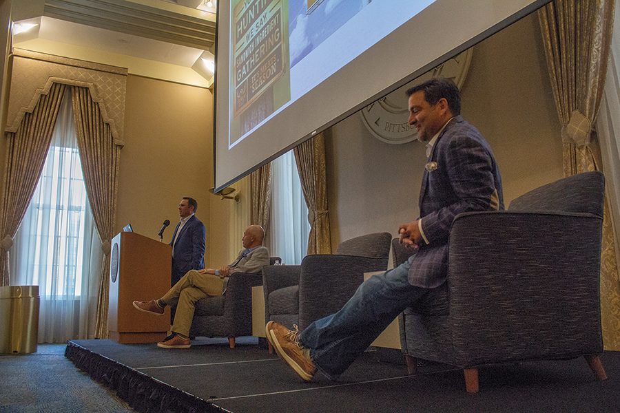 Chris Eames (Right) and  Sean Hanrahan (Middle) of  ESPN  and  Arby’s President Rob Lynch (Left), address students during the first Pittsburgh Center for Sports Media and Marketing event of the semester.