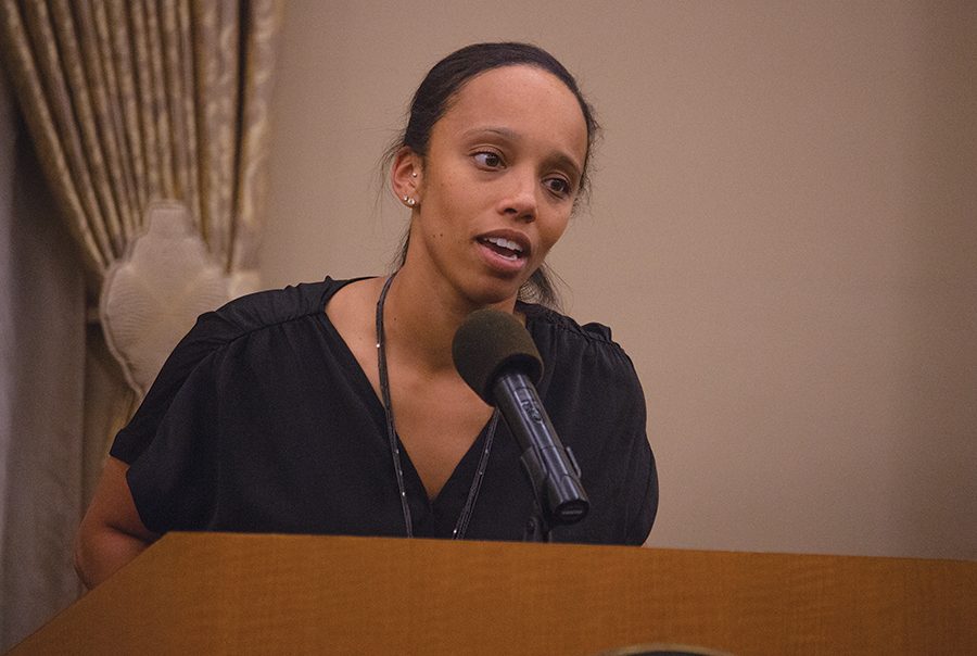 Point Park hall of fame inductee April Austin addressing those in attendance Saturday night in the Lawrence Hall Ballroom. Austin spent the 2009-2013 years as a member of the Pioneers and even lead the team to back to back National Championships.