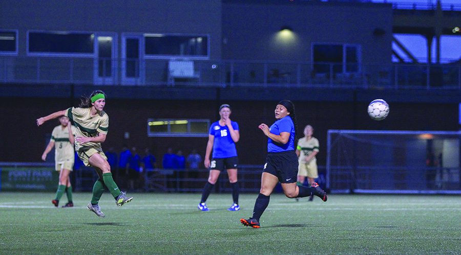 Senior forward Lauren Bower takes a shot on net during last Thursday’s match against conference opponent Ohio Christan University. The team is on an eight game win streak and will face Carlow at home Thursday night.