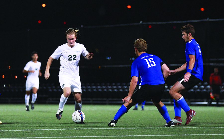 Sophomore midfielder Kay In’t Ven carries the ball during Thursday’s win against Ohio Christan University. The men’s team is now 2-2-1 in conference play and face Carlow Thursday night at Highmark Stadium. 