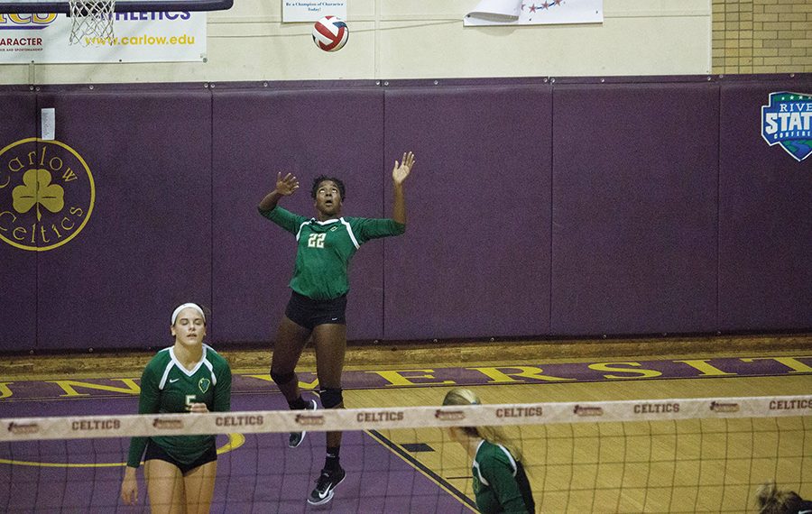 Senior middle Destiny Tucker makes a serve in last years road matchup against Carlow University. Last weekend, the team took two conference wins against Ohio Christian University and Indiana University East. The team will look to extend their new win streak the weekend with three home games in the Student Center Gym.