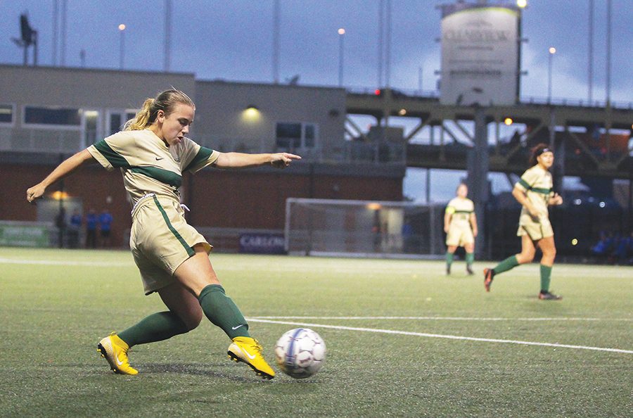 Freshman forward Morgan French takes a shot on net during a match against Ohio Christian University. Last weekend, the Pioneers fell to Carlow 4-1 snapping an eight game win streak. They will resume conference play Thursday at home against Midway University. 