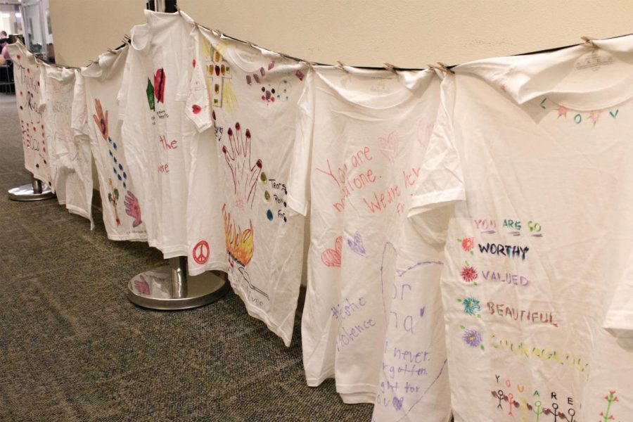 Tee shirts with messages about domestic violence were displayed last week in Academic Hall as part of the YWCA’s Clothesline Project. 