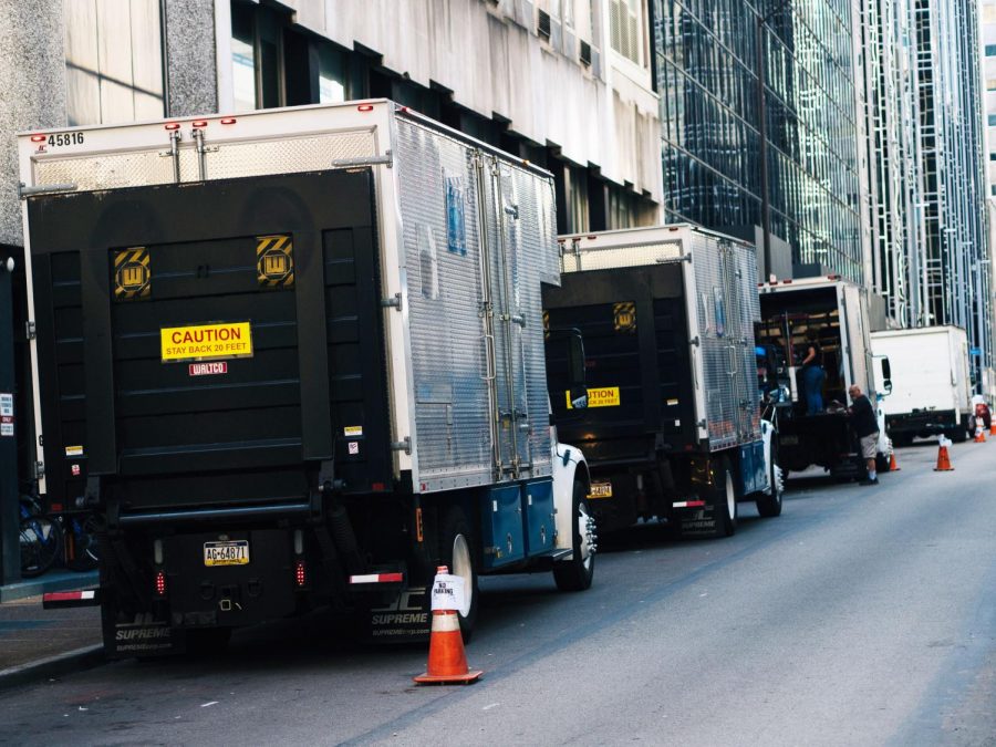 Trucks line Third Avenue adjacent to Thayer Hall. Production crews took over a block on Wood Street while working on production for “You Are My Friend,” starring Tom Hanks as Fred Rogers.
