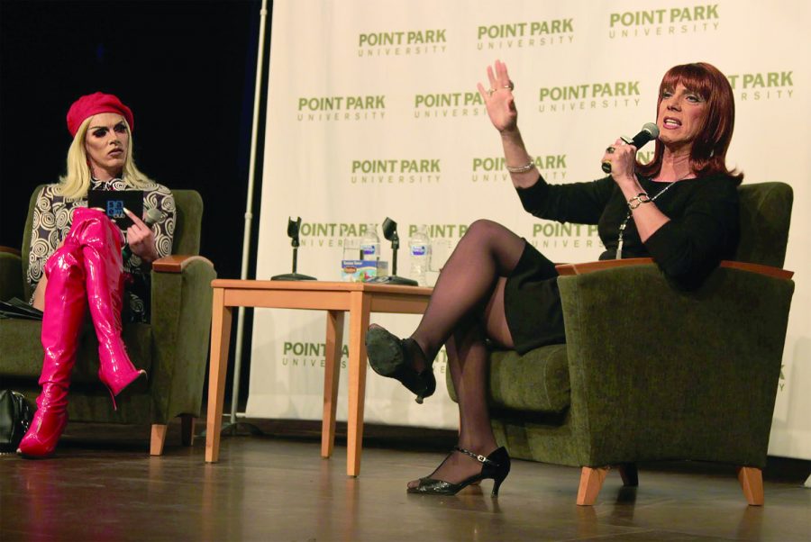 Miss Coco Peru visited Point Park’s GRW theater last Thursday to tell stories and give words of wisdom. Miss Peru recalled significant moments of her life, like meeting her husband for the first time on a nude beach in Spain, and coming out to her parents as transgender. Read the full story in the Features section, page 4.