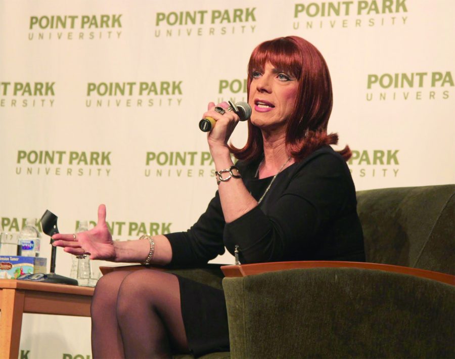 Coco Peru talks to students in on Thursday, Nov. 8. at SAEM Club’s “A Conversation with Miss Coco Peru.”