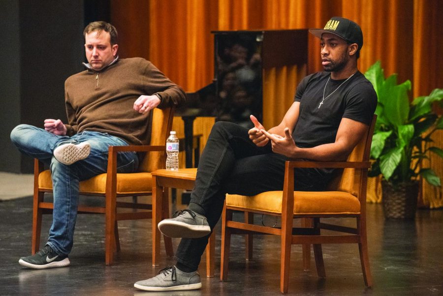 Two Hamilton cast stars, Peter Matthew Smith (left) and Edred Utomi (right), talking to Point Park Students about their successes and failures. 