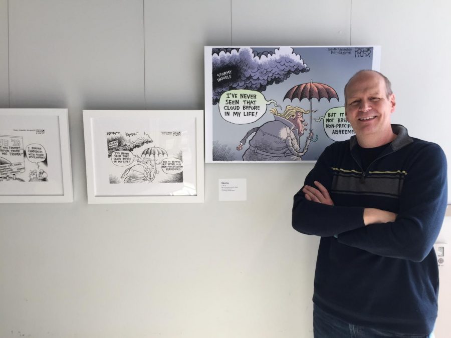Rob Rogers’ cartoon exhibit will be on display in the Center for Media Innovation through May 10.