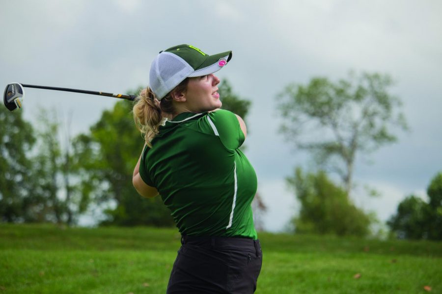 Senior Lindsey Swanson competing at the CMU fall shootout  last semester. Swanson placed third overall at Westminster. 
