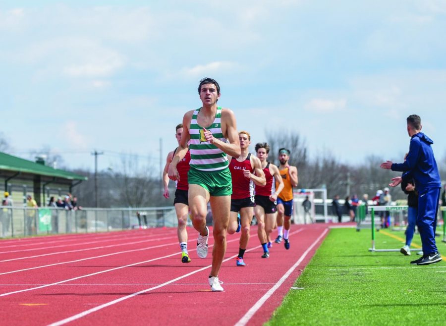 Junior Xavier Stephens runs the final lap of the 800m event at Slippery Rock. Stephens won the race and qualified for nationals in the event.
