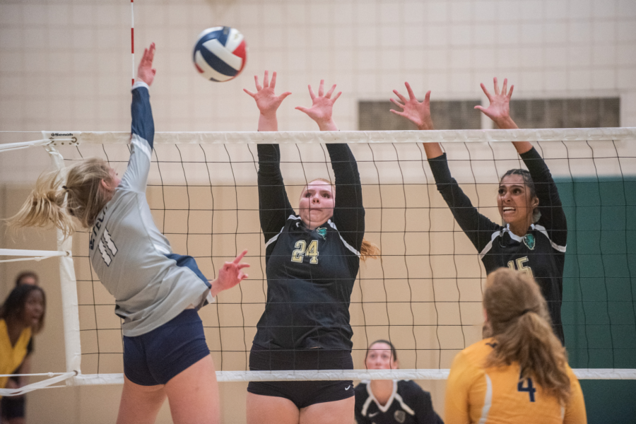 Freshman Taylor Small (left) and junior Jazlyn Rozier (right) go up for a block against a West Virginia Tech attacker last week. The Pioneers went 1-3 and 0-2 in RSC play to finish up this past week.