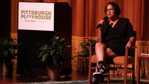 Karen Olivo speaks at the Pittsburgh Playhouse. 