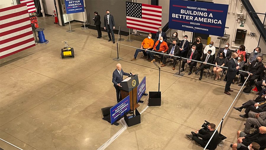 Joe Biden giving press conference in CMU building