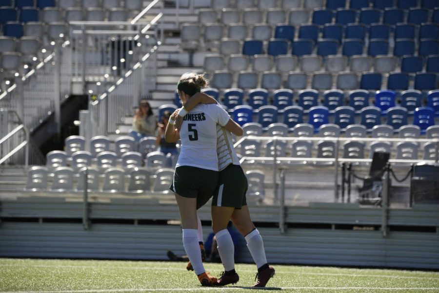 Junior Forward Chanell Britten hugs her teammate after her goal against OCU