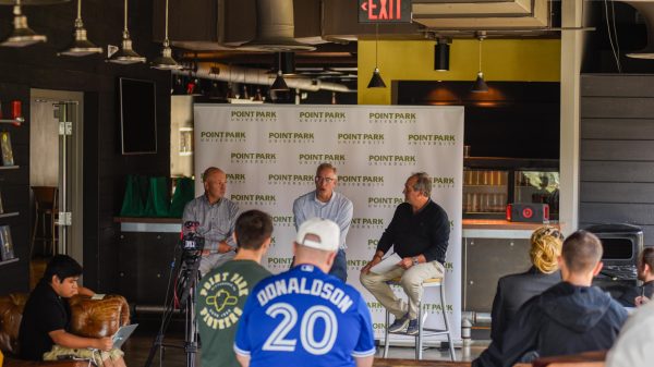 Mark Gross, Sean Hanrahan and Jeff Gregor, Monday Night Footballl crew members, speak to Point Park students last Monday at Stage AE.