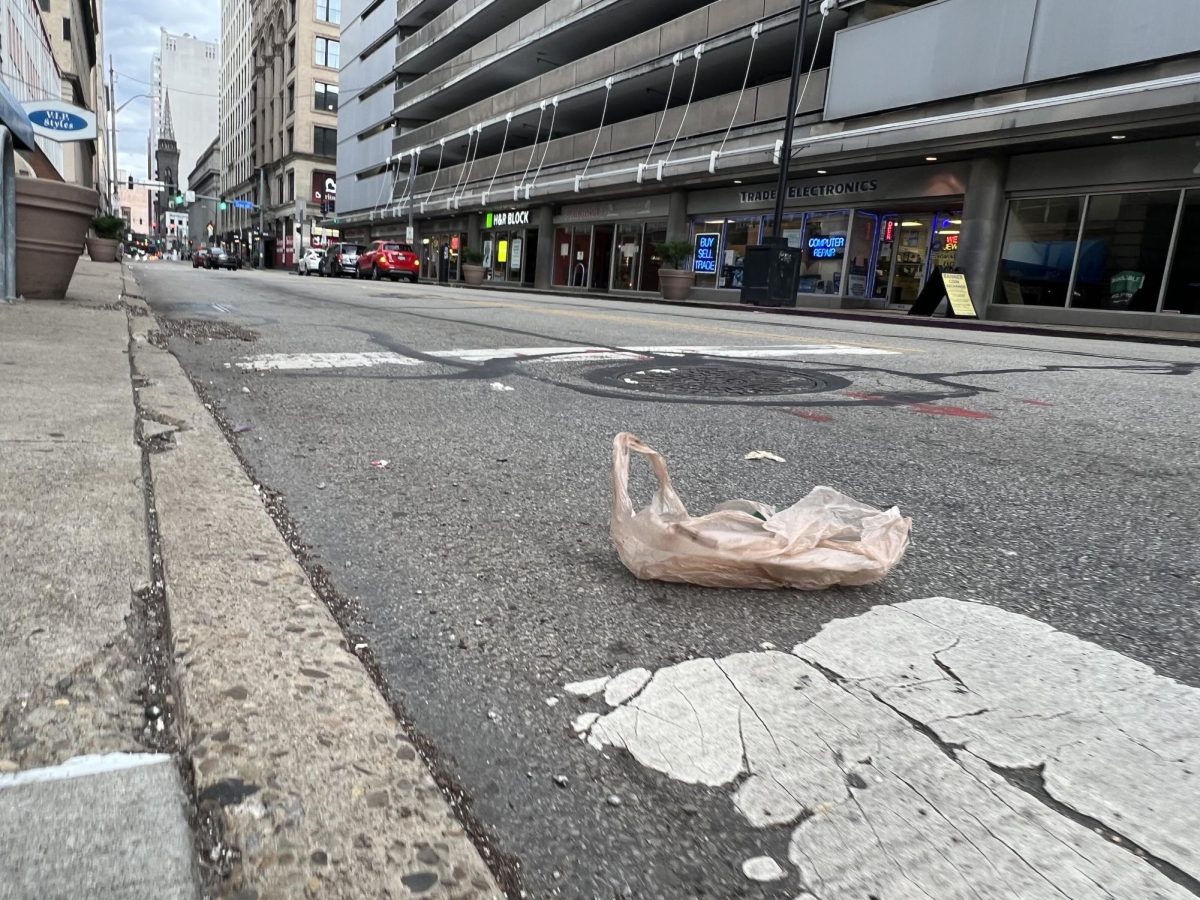 A plastic bag drifts in the wind on Smithfield Street. The city-wide plastic bag ban is set to start this Saturday.