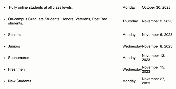 A screenshot of the class registration schedule for the spring semester from the university-wide email