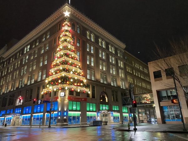 One of the holiday trees shines at the intersection Penn Avenue and Stanwix Street, which lit up for the first time this season at the 62nd annual Light Up Night on Saturday, Nov. 18.