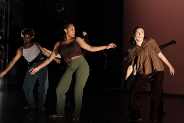 Previous student choreography projects performance of Spring 2022. Pictured left to right, Lejla Raven, Jayden Williams, and Gaby Perez