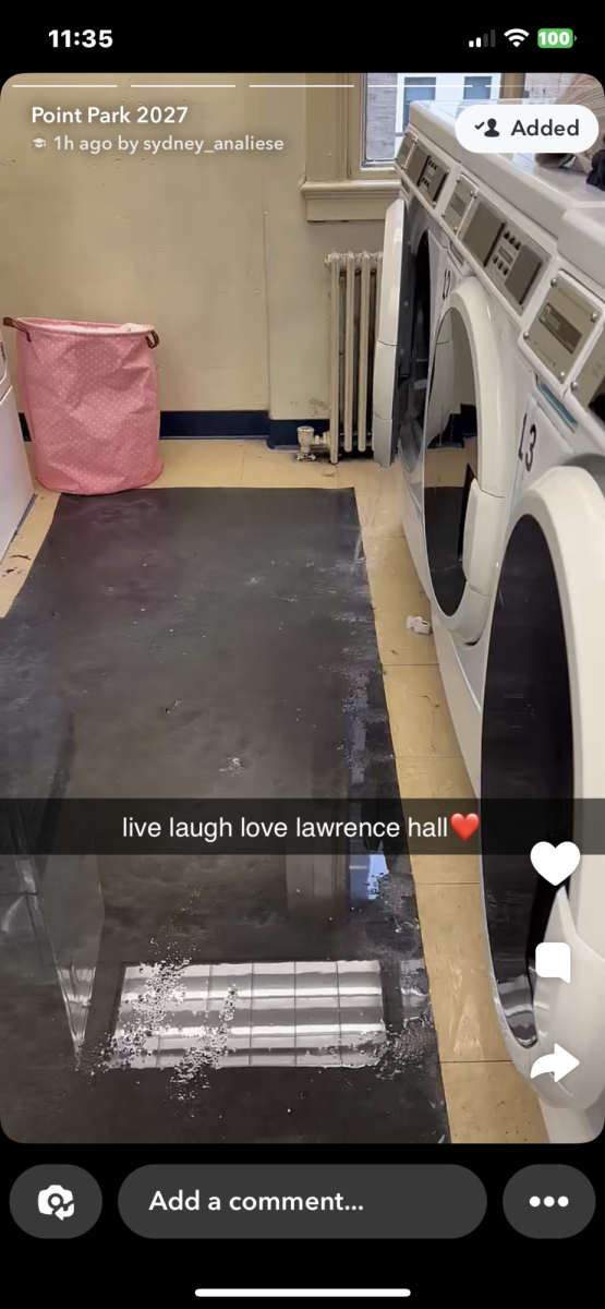 A student posts a picture of the Lawrence Hall laundry room flooding on a university Snapchat community channel.