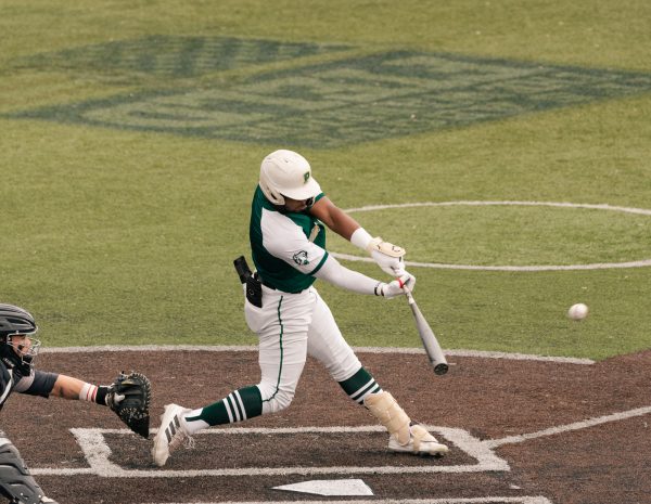 Senior outfielder Jared Campbell earning a hit against Fisher College in February.