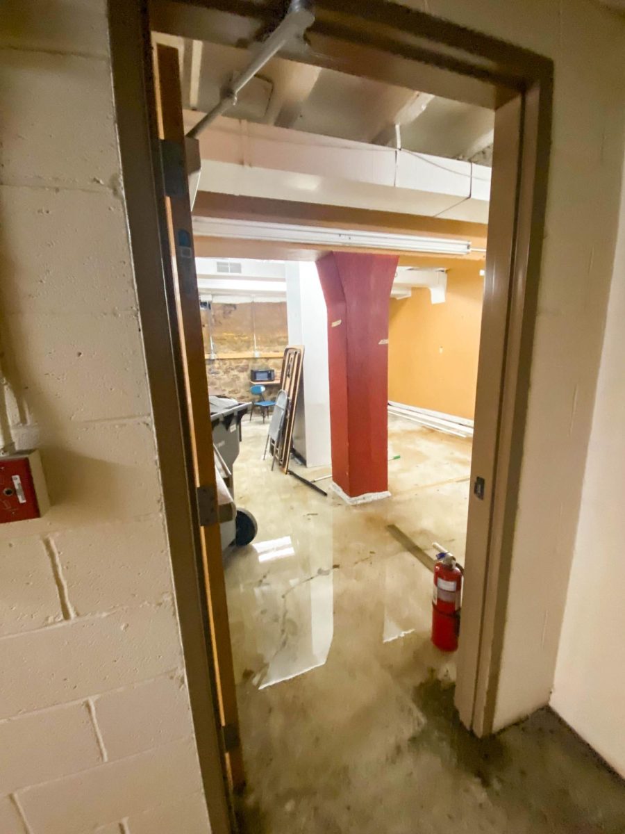 The basement of West Penn Hall collected about two to four inches of rainwater, according to the outside maintenance cleaners last Thursday. (Photo by Erin Yudt)