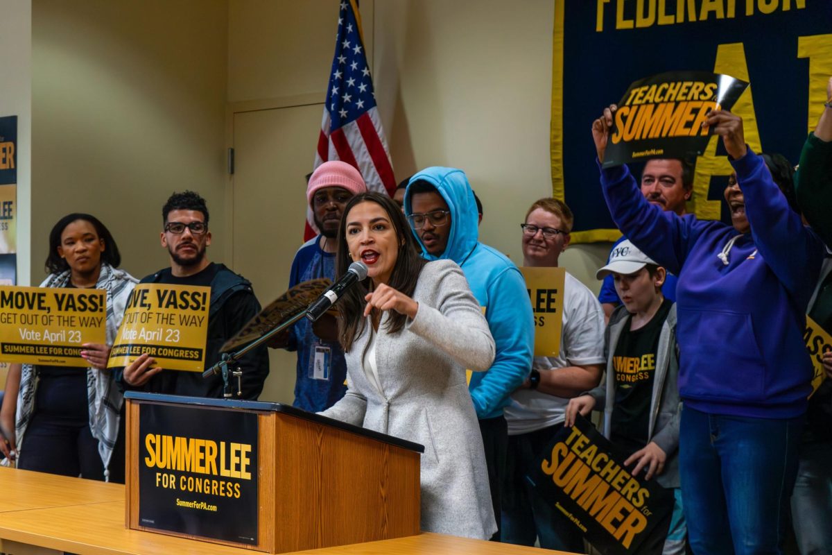 U.S. Representative for New York Alexandria Ocasio-Cortez speaks on Sunday, April 21 for the Pittsburgh Canvass Launch at the Pittsburgh Federation of Teachers building.