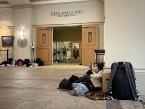 Dancers line up bags during auditions. 